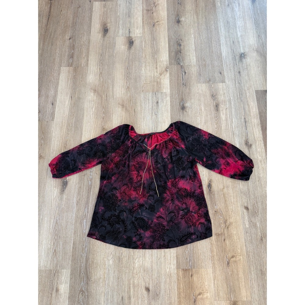 Wimsigoth Dark Romance Womens XL Red Black Flocked Velvet Floral Witchy Boho Top